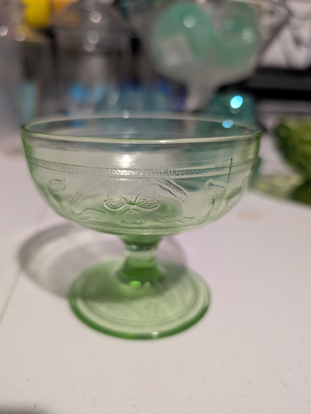 Green uranium Pressed Glass Dessert Coupe - Elegant Vintage Styling